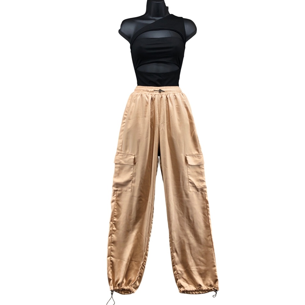 Superdown Bodysuit Cargo Pant Set Women XS Black Tan Satin Cutout Bungee Hem